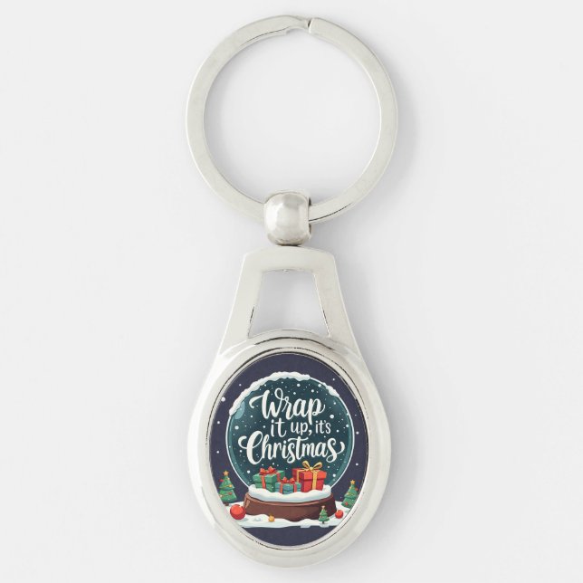Wrap It Up It’s Christmas Snow Globe Design Keychain (Front)