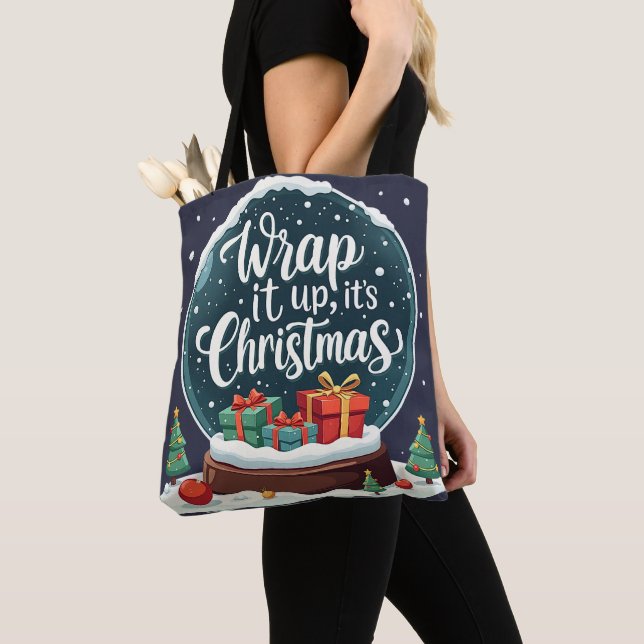 Wrap It Up It’s Christmas Snow Globe Design Tote Bag (Close Up)
