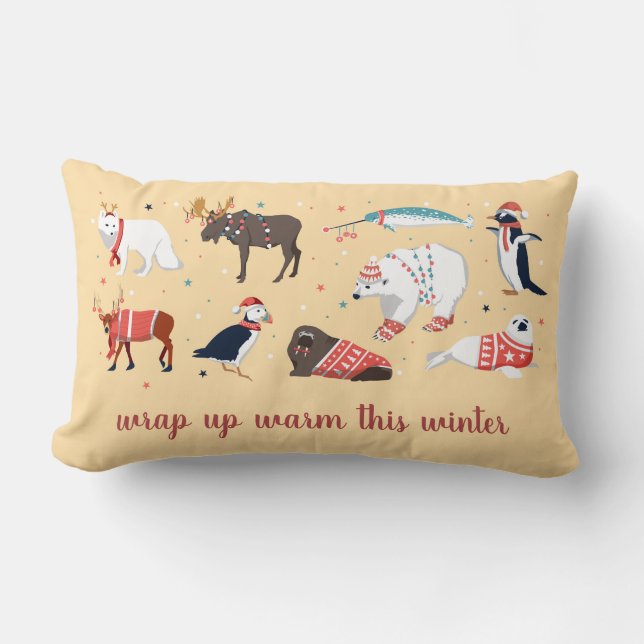 Wrap Up Warm Winter Animals Folk Art Christmas Lumbar Pillow (Front)