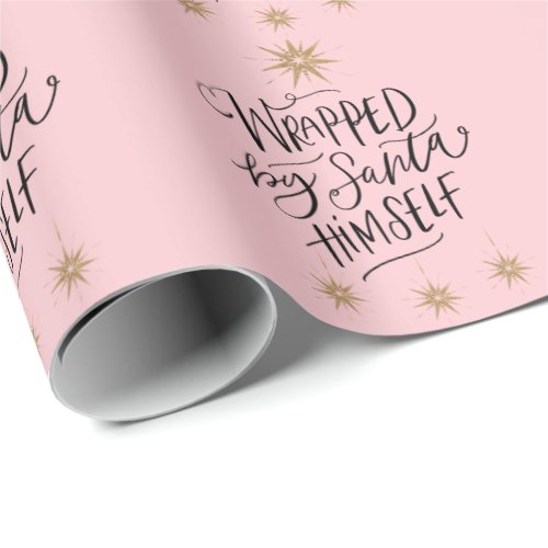Wrapped By Santa Himself Pink Gold Stars Wrapping Paper