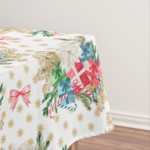Wrapped Christmas Gift Boxes Gold Snowflakes Tablecloth