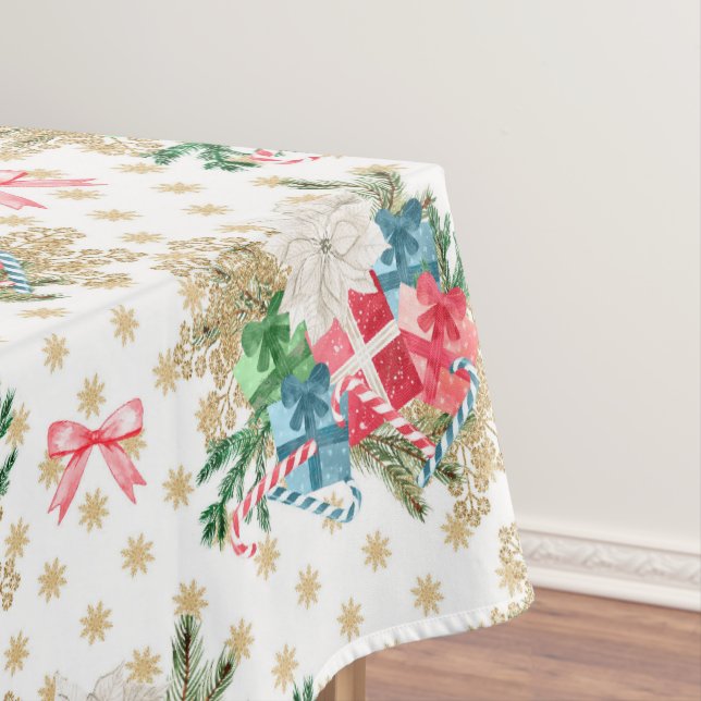 Wrapped Christmas Gift Boxes Gold Snowflakes Tablecloth (In Situ)