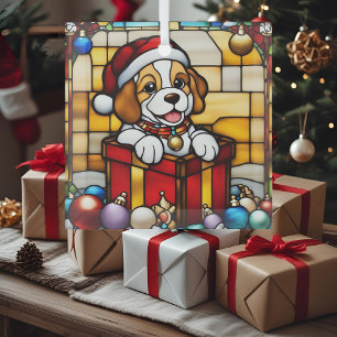 Wrapped Christmas Puppy Faux Stained Glass Ornament