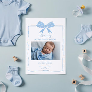 Wrapped Gift Blue Bow Baby Boy Birth Announcement