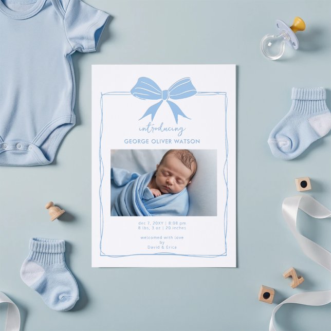 Wrapped Gift Blue Bow Baby Boy Birth Announcement (Wrapped Gift Blue Bow Baby Boy Birth Announcement)