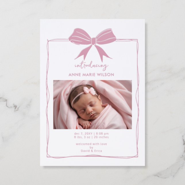 Wrapped Gift Pink Bow Baby Girl Birth Announcement (Front)