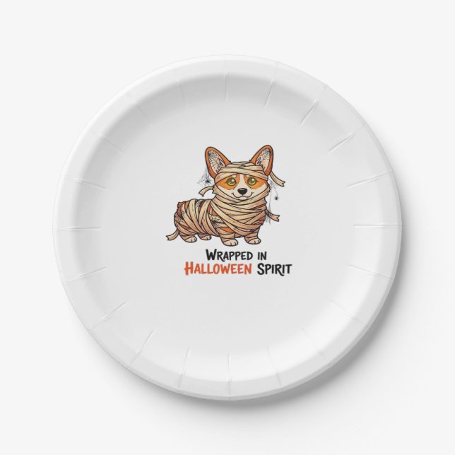 Wrapped in Halloween Spirit � Mummy Corgi with Spi Paper Plates (Front)