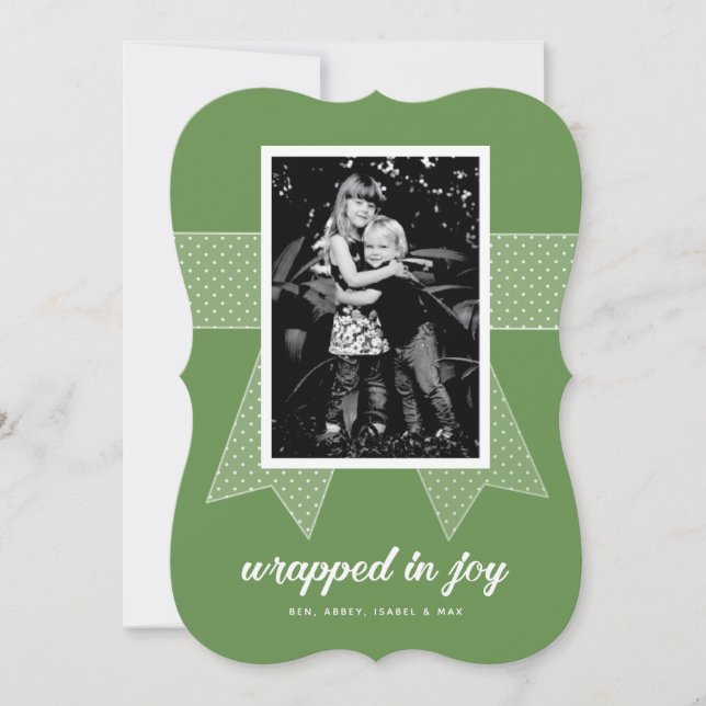 Wrapped In Joy 1-Photo Custom Green Holiday Card (Front)