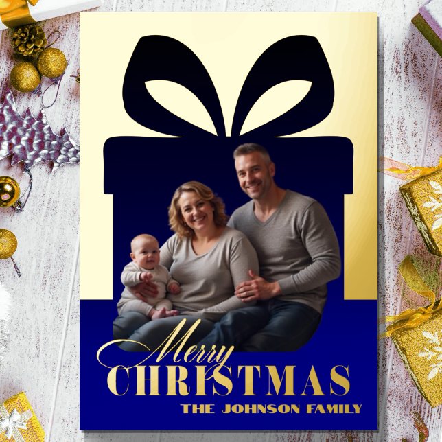 Wrapped in Love - Christmas Gift Family Blue Gold Foil Holiday Card (Creator Uploaded)