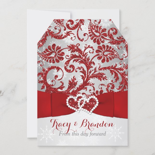 Wrapped in Love Joined Hearts Wedding Invite Red (Front)