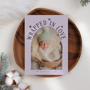 Wrapped In Love Purple Photo Birth Announcement