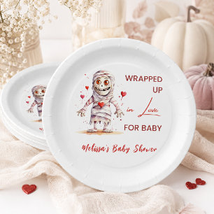 Wrapped Up in Love Mummy Halloween Baby Shower Paper Plates