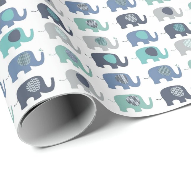 Wrapping Paper - Blue, Green & Gray Elephants (Roll Corner)