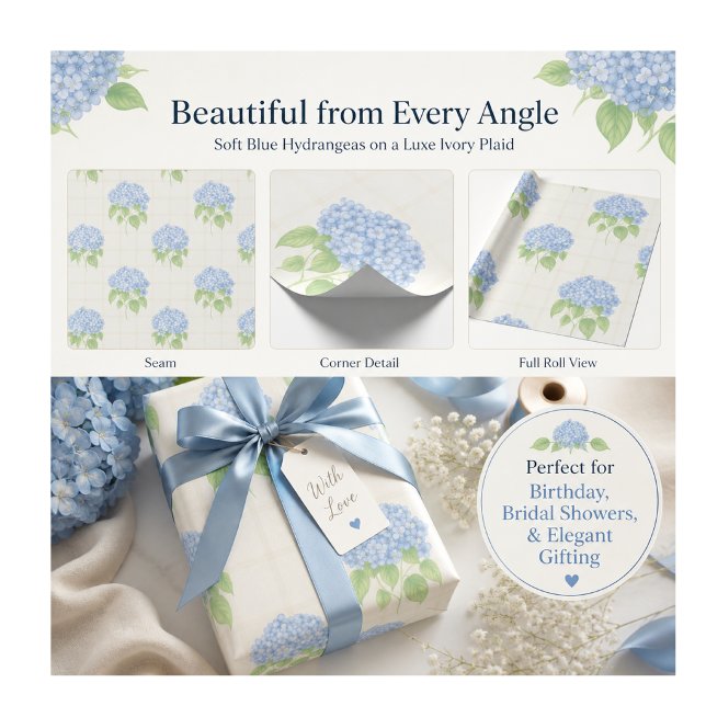 Wrapping Paper | Blue Hydrangea | Luxe Ivory Plaid (blue-hydrangea-gift-wrap-seam-detail-luxe-floral-wrapping-paper-for-birthdays-bridal-showers)