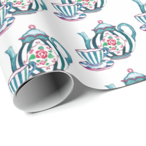 Wrapping Paper _ Blue Striped Teapot Cup  Saucer