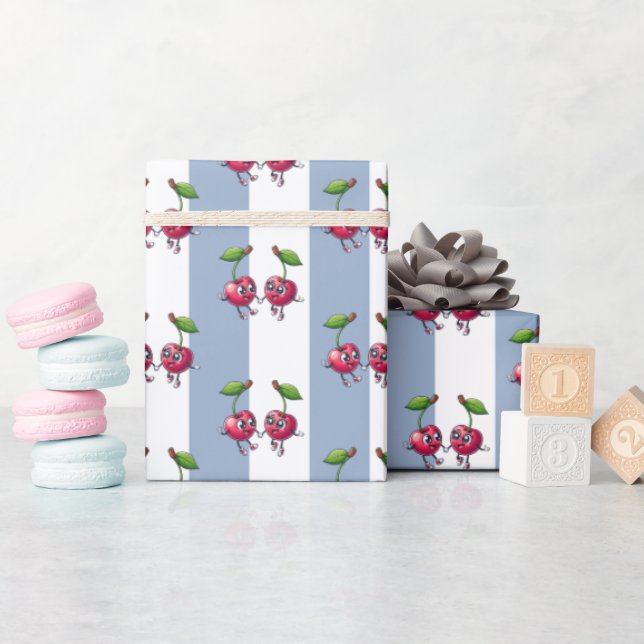 Wrapping Paper Blue & White Stripe Cherries (Baby Shower)