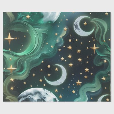 Wrapping Paper - Emerald Green Celestial Moon