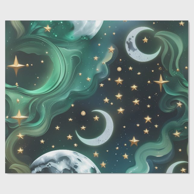 Wrapping Paper - Emerald Green Celestial Moon (Flat)