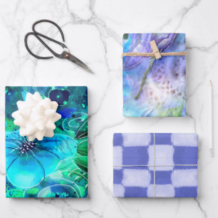 Wrapping Paper Flat Sheet Set 3pc Blue Teal Green