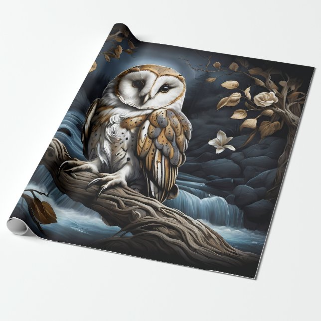 Wrapping Paper Flat Sheet Set of 3 Owl on Branch (Unrolled)
