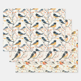 Wrapping Paper Flat Sheet Set of 3 Watercolor Bird