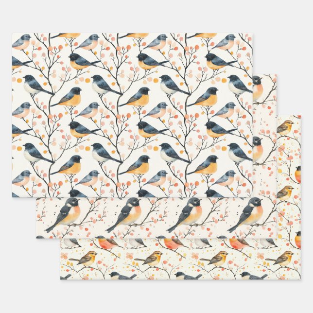 Wrapping Paper Flat Sheet Set of 3 Watercolor Bird (Set)