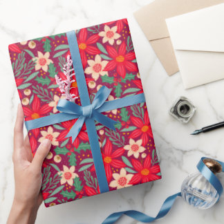 Wrapping paper for Christmas with red poinsettia.