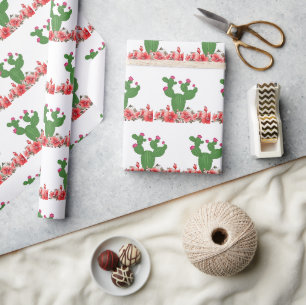 Wrapping Paper Green Cactus Orange Flowers Floral 