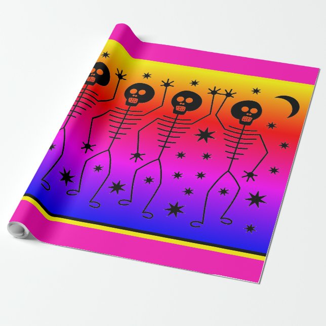 Wrapping Paper HALLOWEEN RAINBOW DANCING SKELETONS (Unrolled)