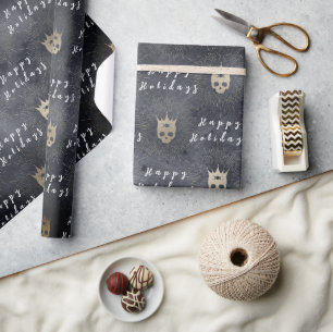 Wrapping Paper Happy Holidays Black Skulls