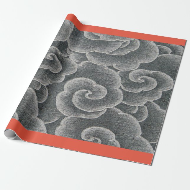 Wrapping Paper JAPANESE GREY CLOUDS WITH ORANGE (Unrolled)