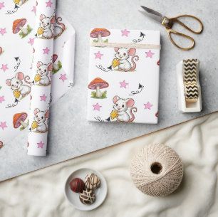 Wrapping Paper Mouse Cheese Pink Hearts Mushroom