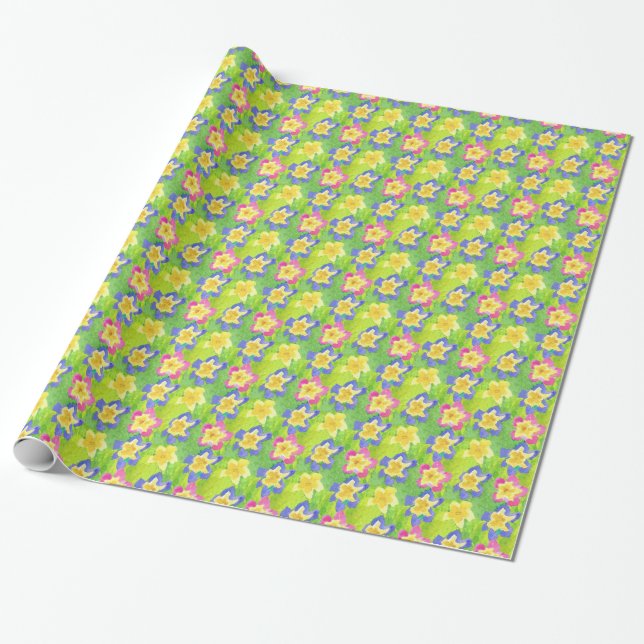 Wrapping Paper: Pink, Blue, Yellow Primroses Paper (Unrolled)