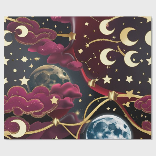 Wrapping Paper - Red Celestial Moon Design (Flat)