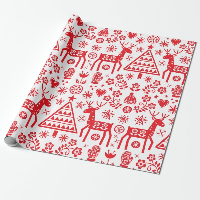 WRAPPING PAPER RED SCANDINAVIAN CHRISTMAS PATTERN (Unrolled)