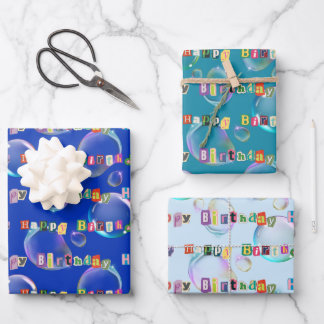 wrapping paper set of 3, blue and teal color tones