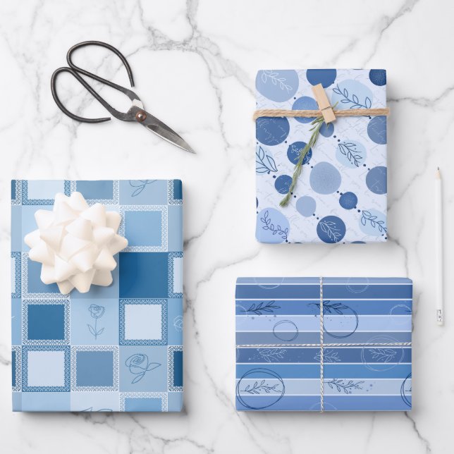 wrapping paper set of 3 flat sheets blue color  (Front)