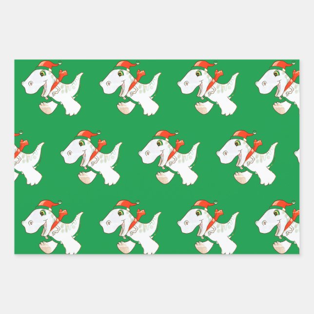 Wrapping Paper Sheet Set Dinosaur in Santa Hat (Front)