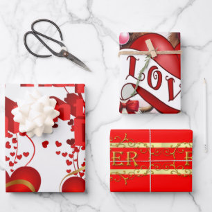 Wrapping Paper Sheets Valentine's Red Hearts 
