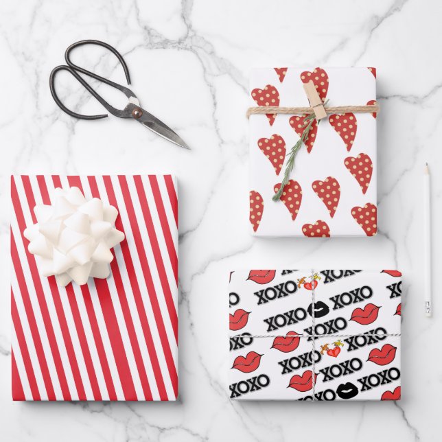 Wrapping Paper Sheets Valentine's Stripe Hearts Xo (Front)