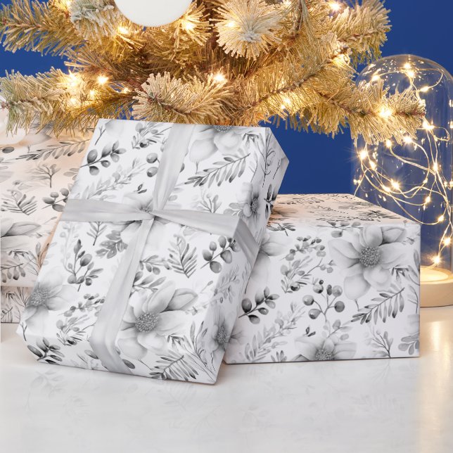 Wrapping Paper - Silver Winter Floral Pattern (Holidays)