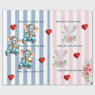 Wrapping Paper Twins Blue Pink Stripe Elephant