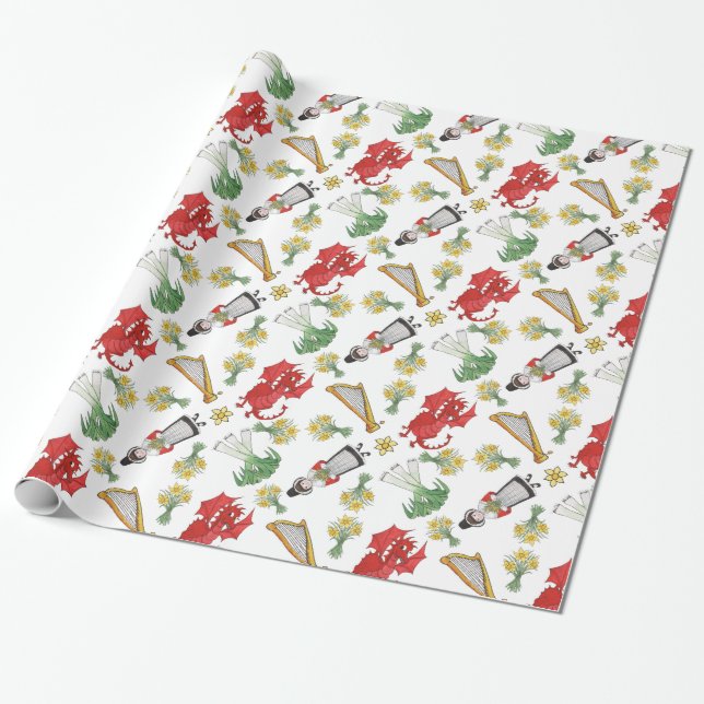 Wrapping Paper: Welsh Emblems, Dragon, Daffodils Wrapping Paper (Unrolled)
