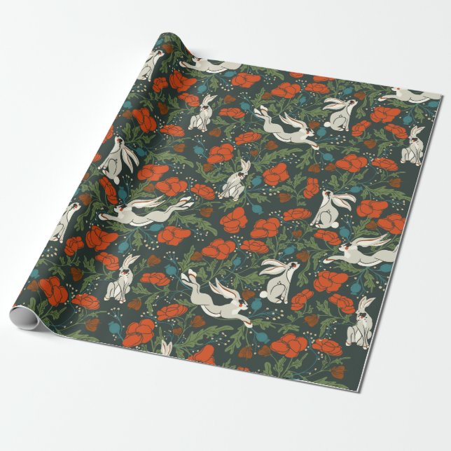 Wrapping paper with hares in poppies garden patter (Unrolled)