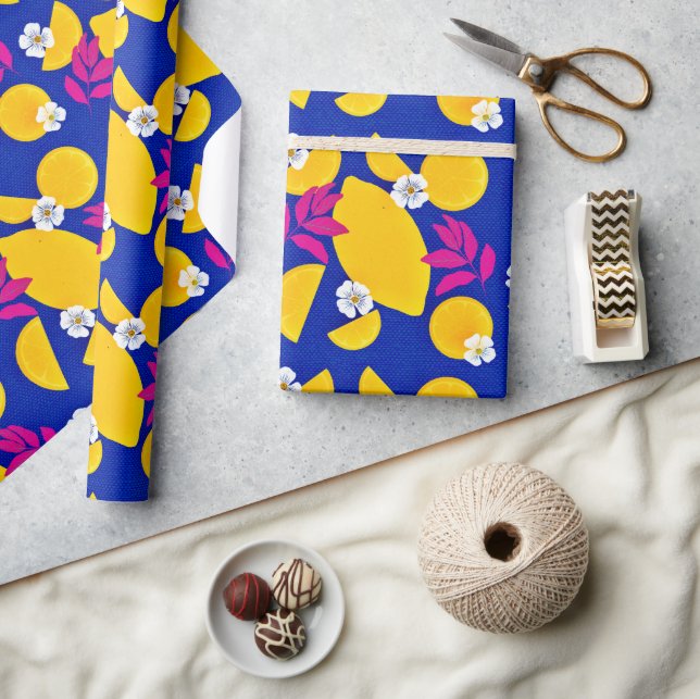 Wrapping paper with Zesty lemons and Pink Leaves (Crafts)