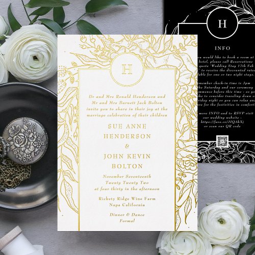 Wreath All in One QR CODE RSVP Website Wedding Foil Invitation