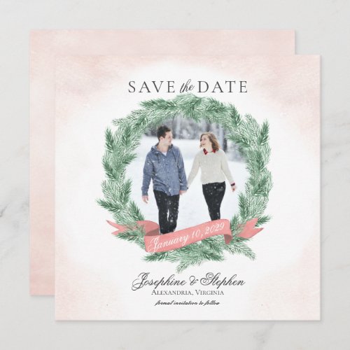 Wreath and Banner Pink Holiday Save the Date