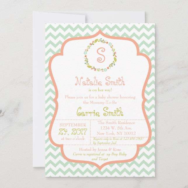 Wreath and Chevron Baby Shower Invitation (Front)