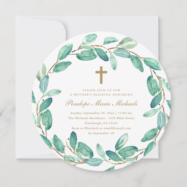 Wreath and Cross Christian Mother's Blessing Photo Announcement (Front)