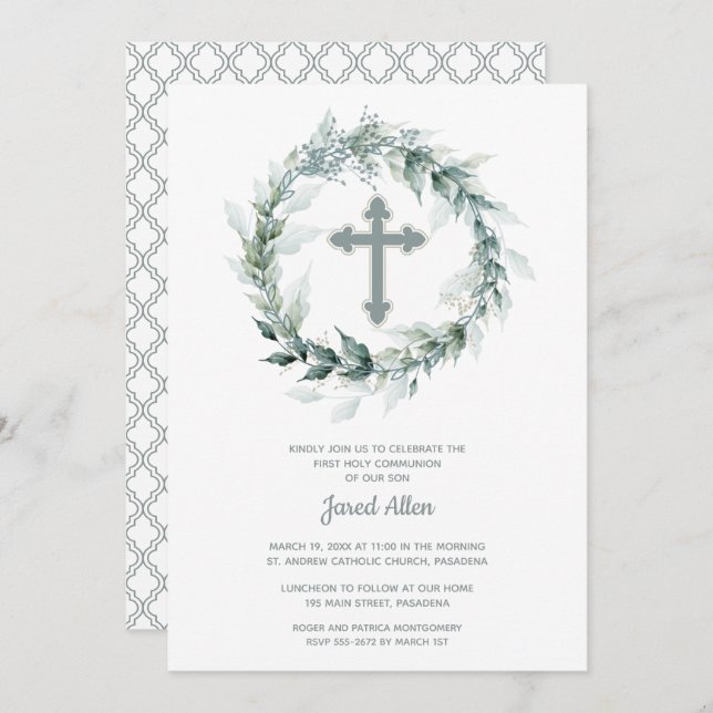 Wreath and Cross First Communion Invitation (Front/Back)